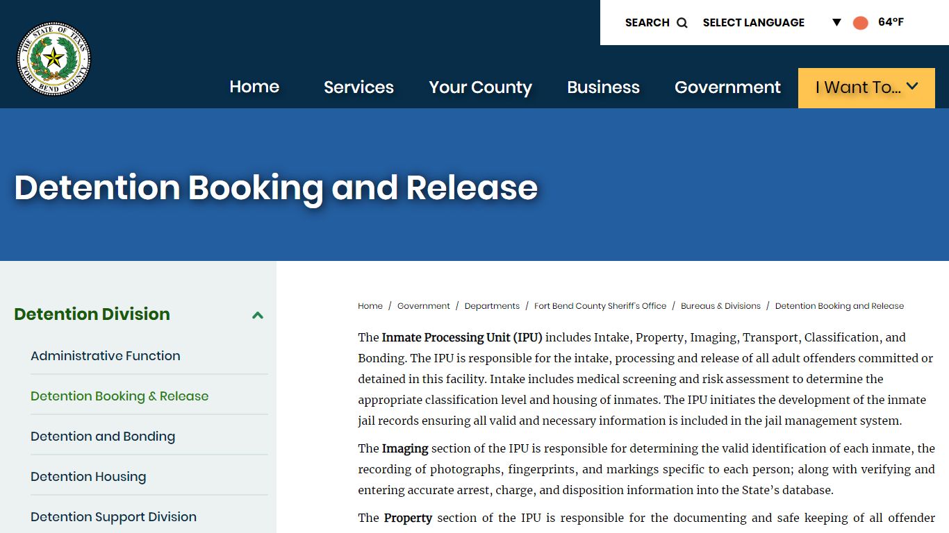 Detention Booking and Release | Fort Bend County